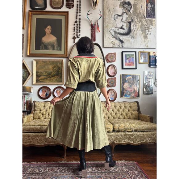 Vintage 80s Olive Green Ribbed Waist Collared Midi Dress Size 7 Medium - Picture 4 of 9